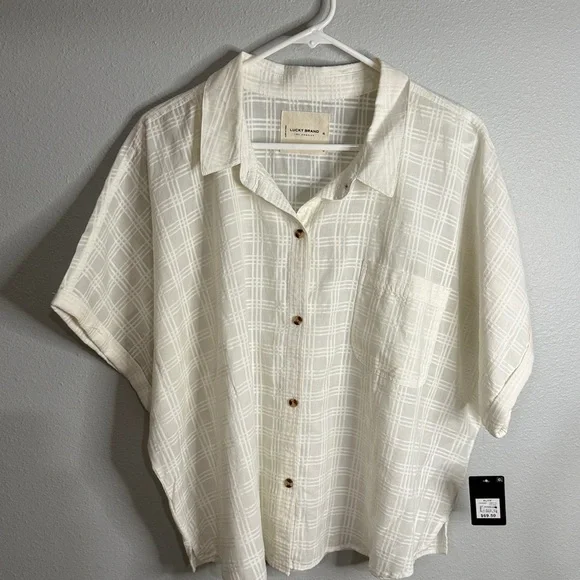 NWT Lucky Brand Grid Plaid Short Sleeve Cotton Button-Up Shirt XL * as is - Picture 3 of 10